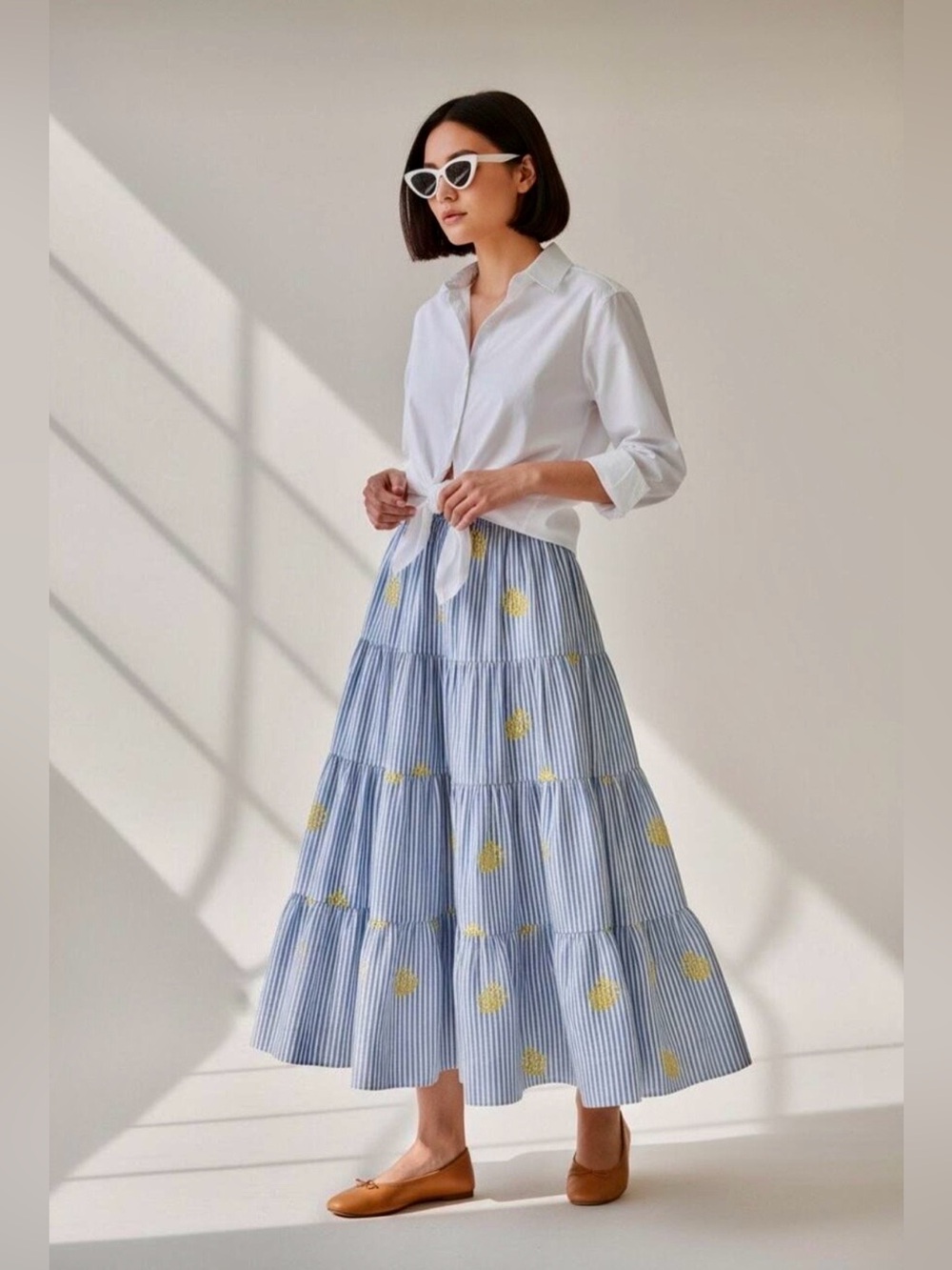 J. Crew Ana Seersucker Skirt with Yellow Embroidered Pineapples (Size L) $148